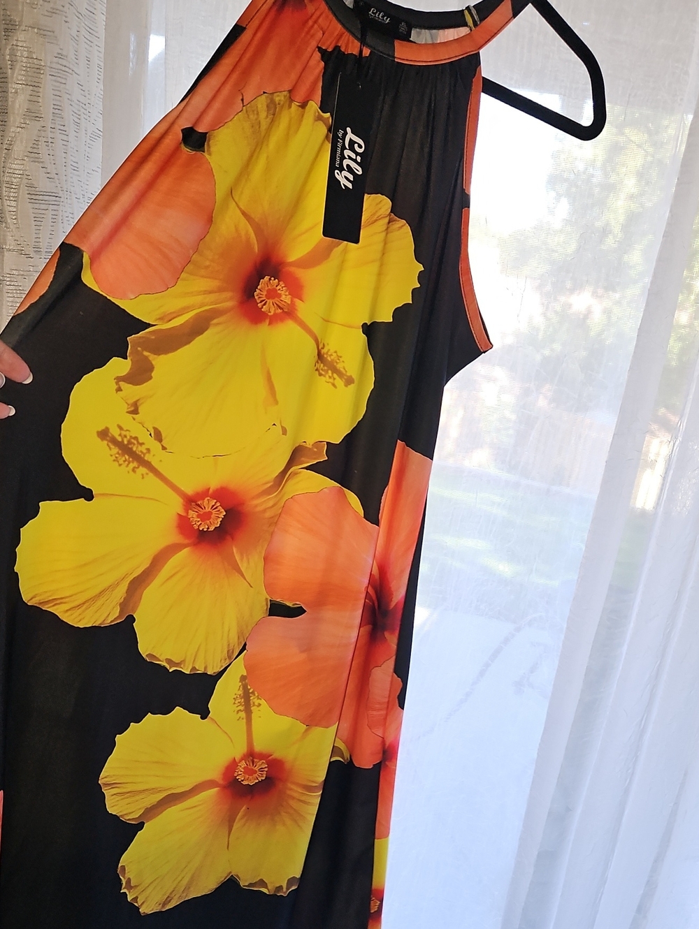 Lily Black Midi Dress with Yellow & Orange Hibiscus Print
